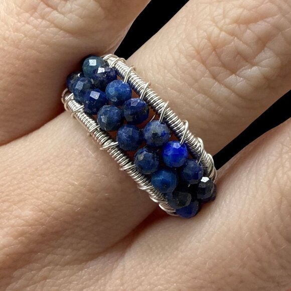 **SOLD**Lapis Lazuli Blue faceted beaded ring gemstone jewelry silver wire - Picture 5 of 8